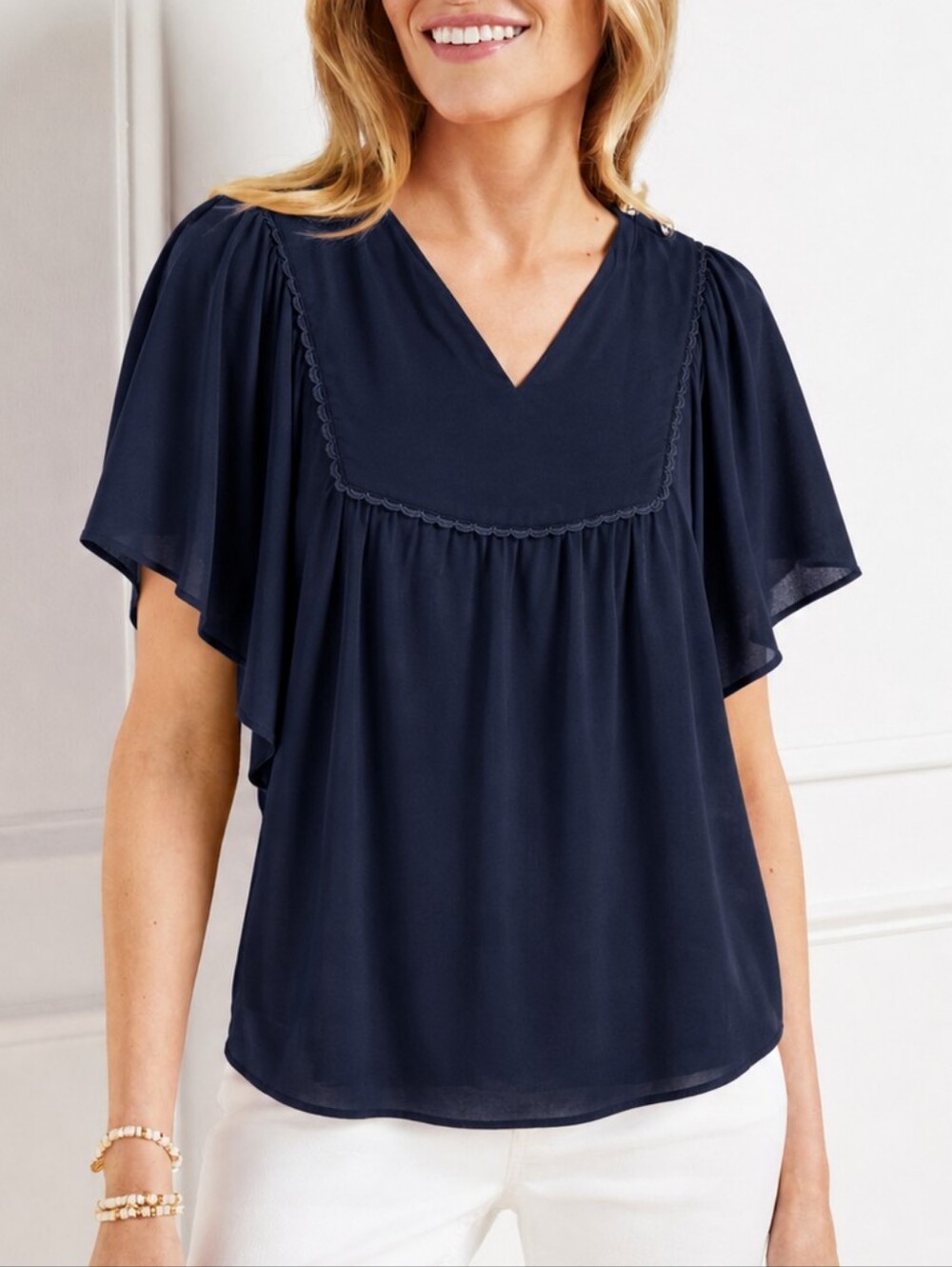 LOFT Outlet Navy Flutter Sleeve Blouse XL V-Neck Scallop Trim Flowy Top